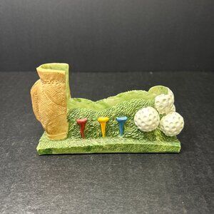 Golfing Golfer Business Card & Pen Holder Resin Office Decor Golf Bag and Tees